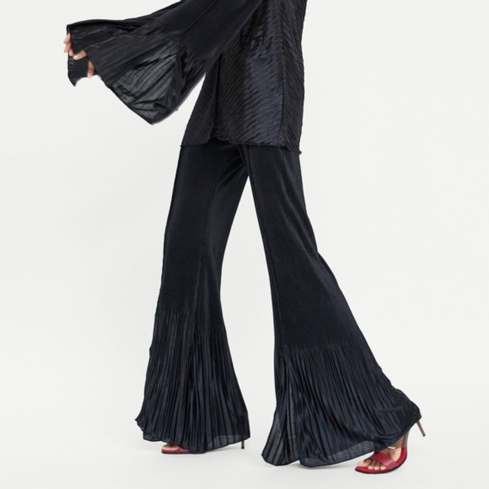 Zara Pleated Flare Bell Bottom Black Silky Pants